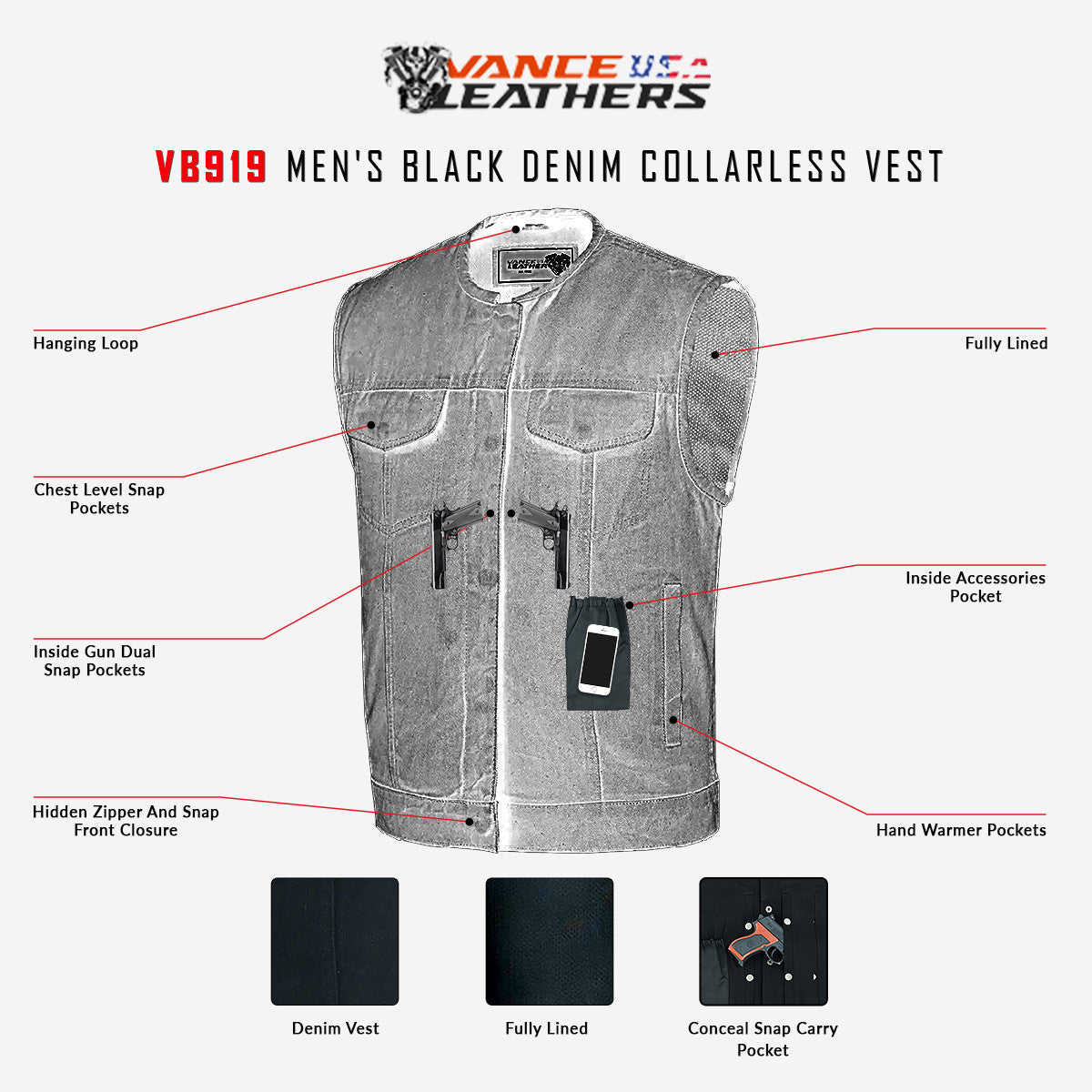 Men's Grey Denim Collarless Club Vest with Conceal Carry Pockets