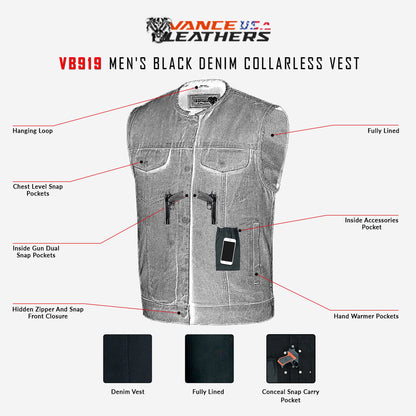 Men's Grey Denim Collarless Club Vest with Conceal Carry Pockets