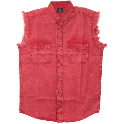Men's Biker Motorcycle Red Acid Wash Cut Off Sleeveless Shirt