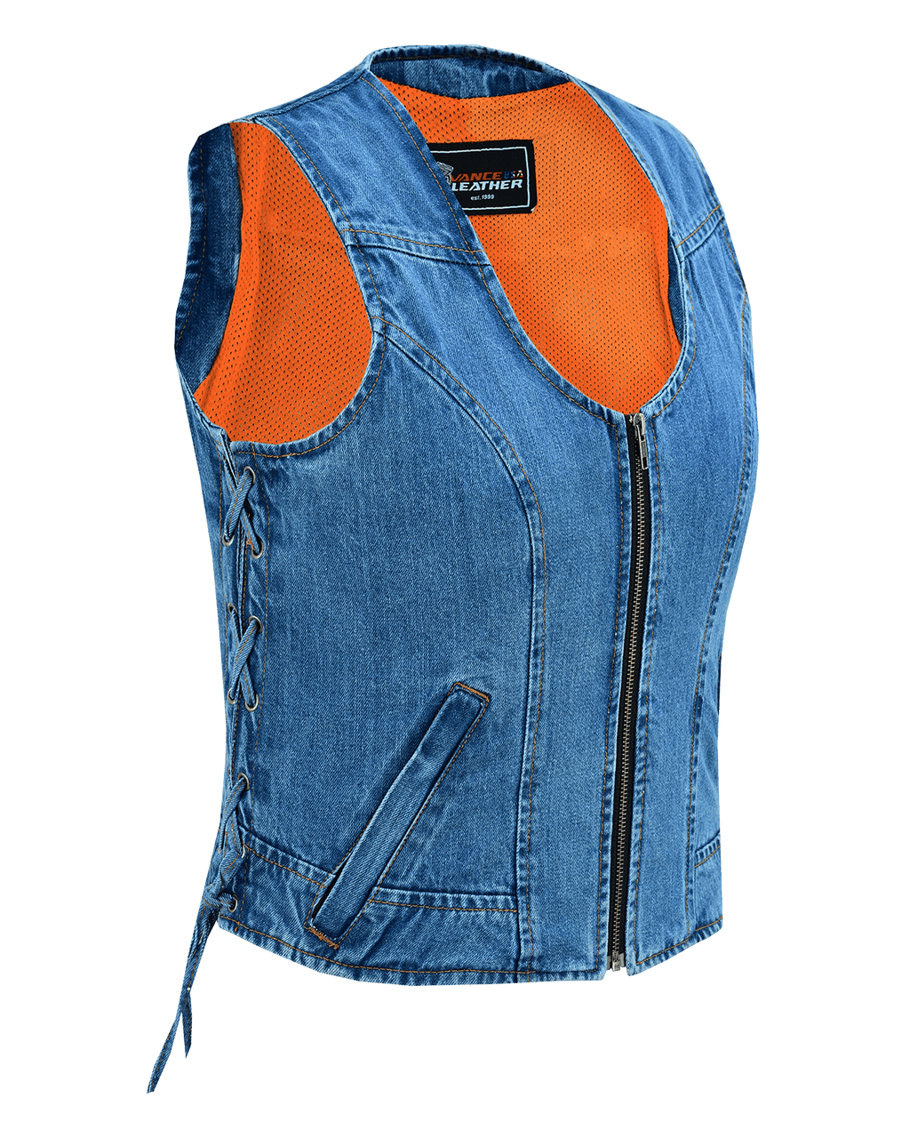 Women's Blue Denim V Neck Vest with Zipper & Side Laces