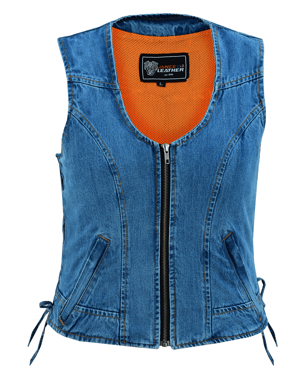 Women's Blue Denim V Neck Vest with Zipper & Side Laces