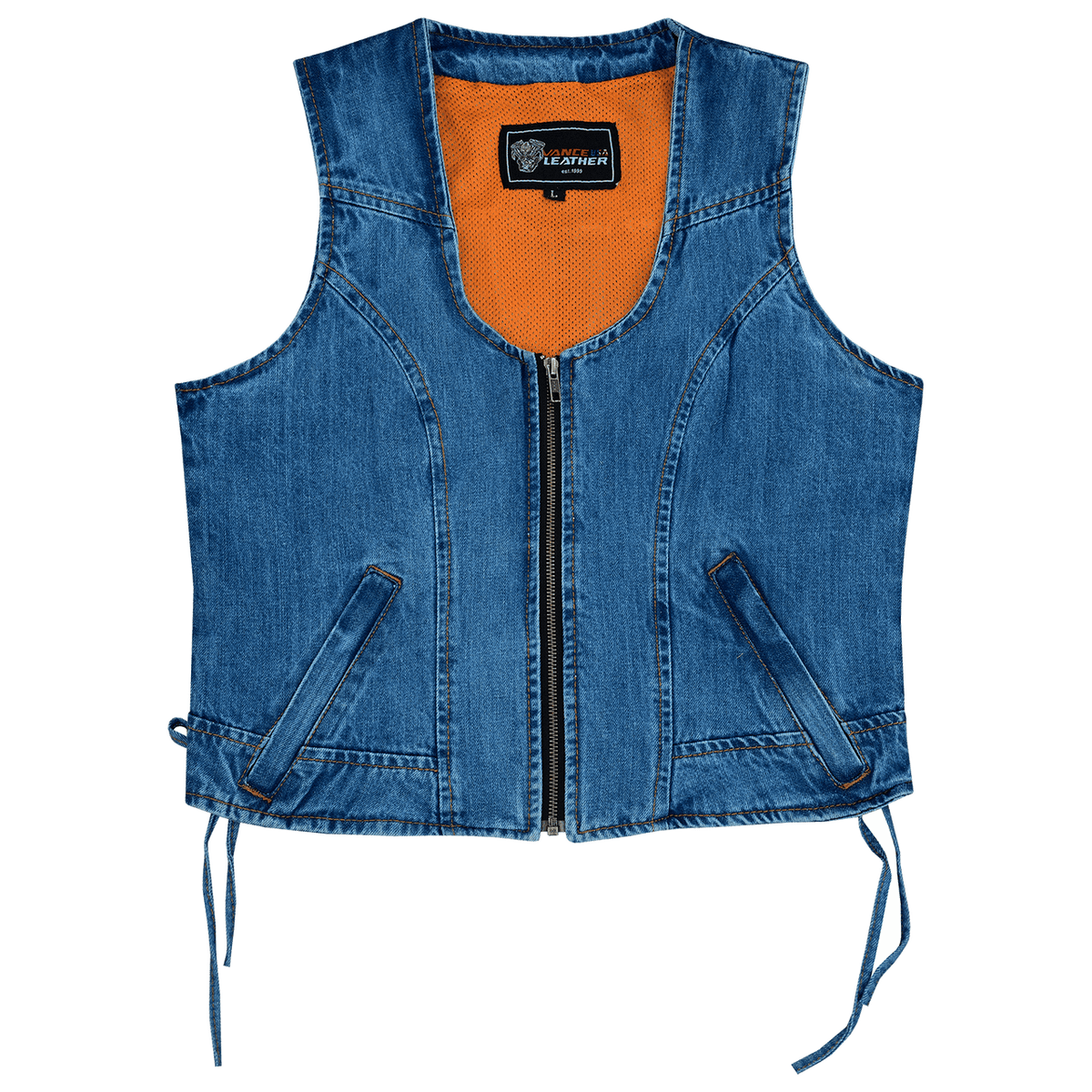 Women's Blue Denim V Neck Vest with Zipper & Side Laces