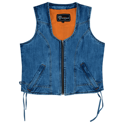 Women's Blue Denim V Neck Vest with Zipper & Side Laces
