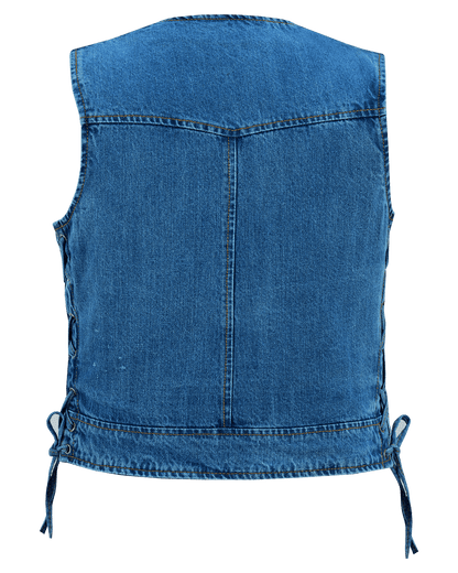 Women's Blue Denim V Neck Vest with Zipper & Side Laces