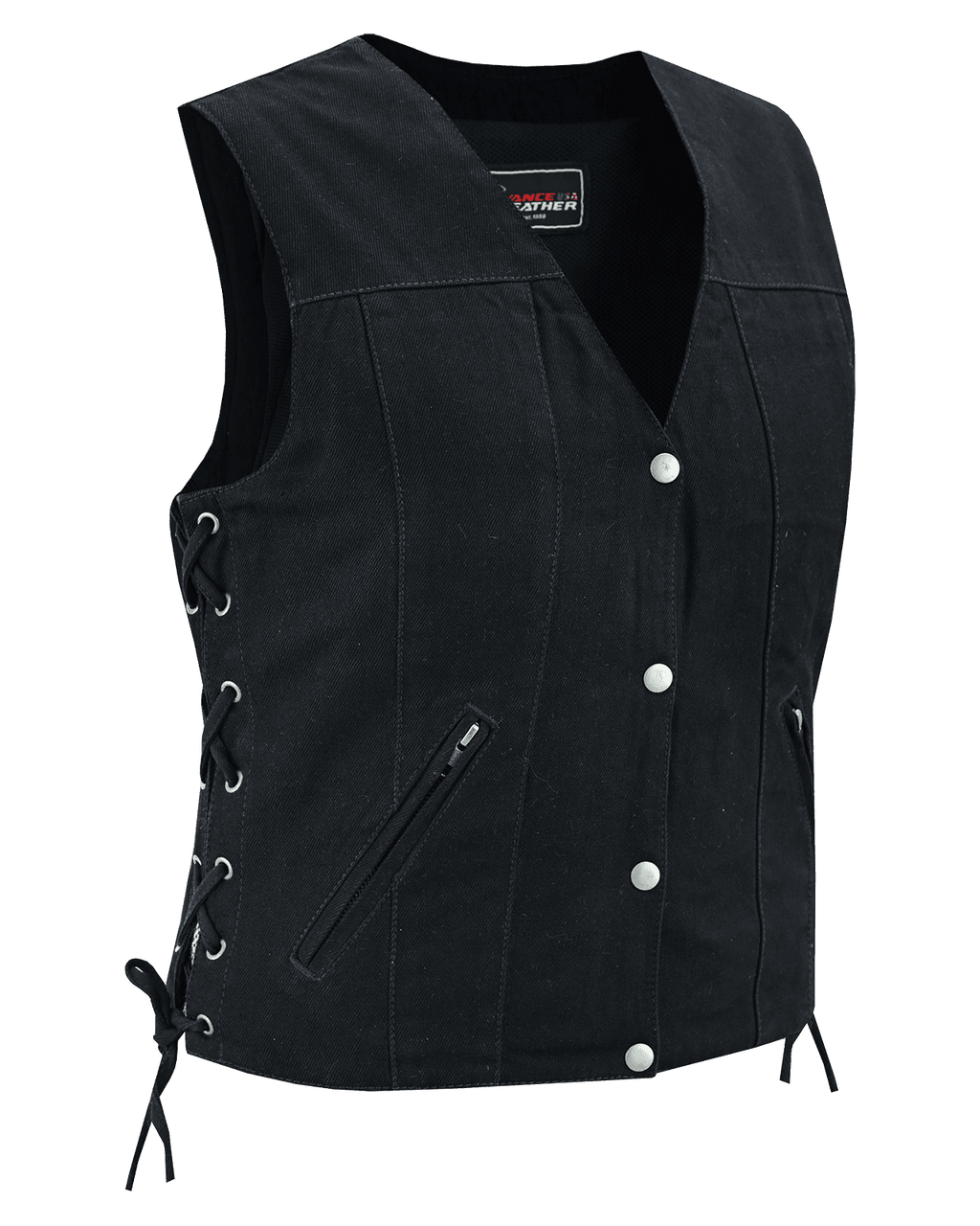 Womens Black Denim V Neck with Snap Opening & Side Laces Motorcycle Vest