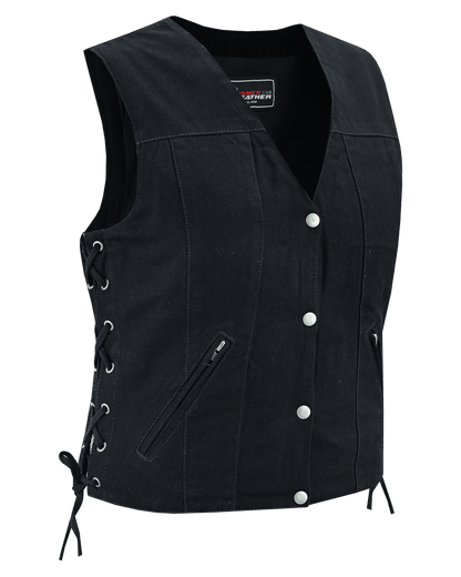 Womens Black Denim V Neck with Snap Opening & Side Laces Motorcycle Vest