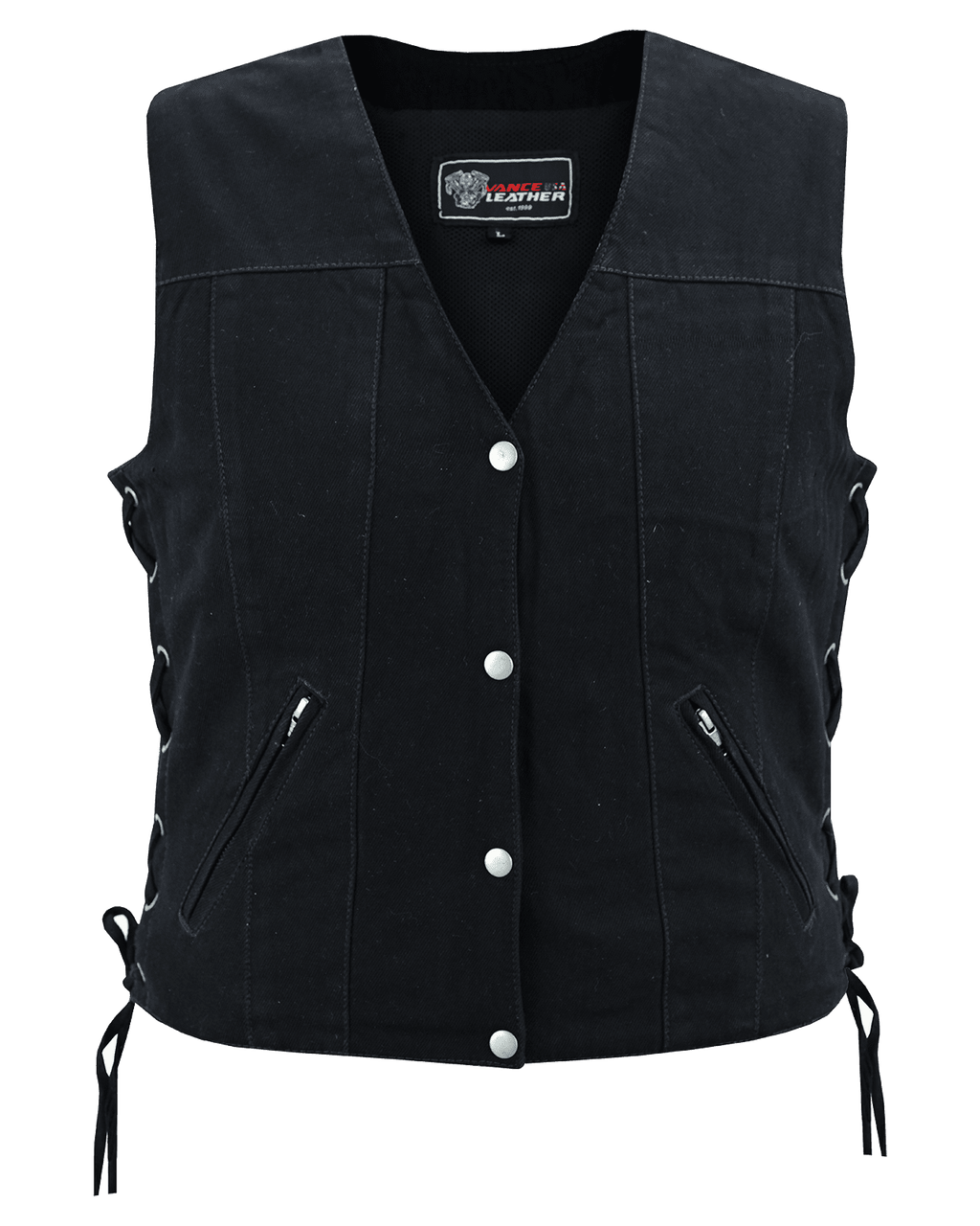 Womens Black Denim V Neck with Snap Opening & Side Laces Motorcycle Vest