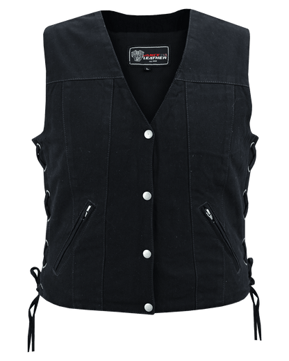 Womens Black Denim V Neck with Snap Opening & Side Laces Motorcycle Vest