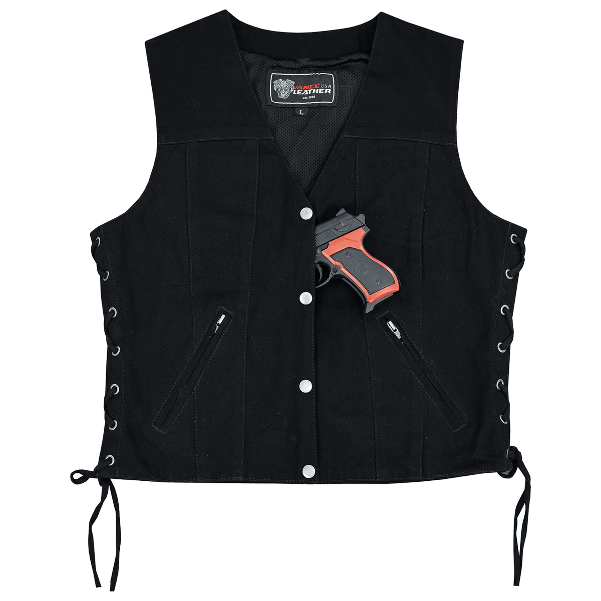 Womens Black Denim V Neck with Snap Opening & Side Laces Motorcycle Vest