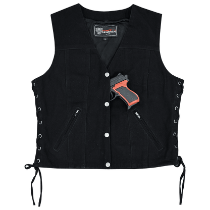 Womens Black Denim V Neck with Snap Opening & Side Laces Motorcycle Vest