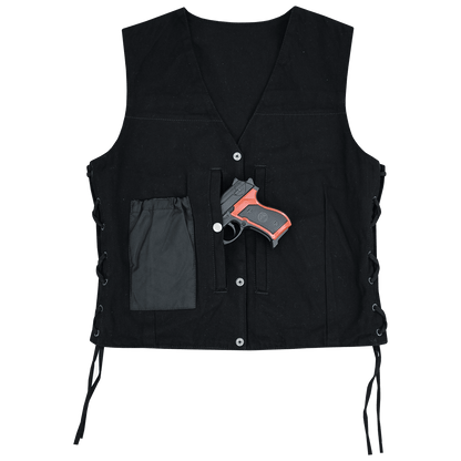 Womens Black Denim V Neck with Snap Opening & Side Laces Motorcycle Vest