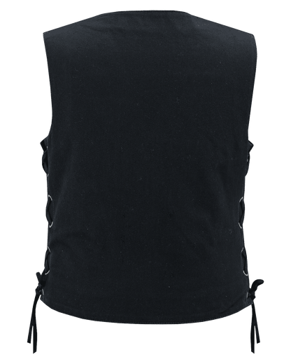 Womens Black Denim V Neck with Snap Opening & Side Laces Motorcycle Vest