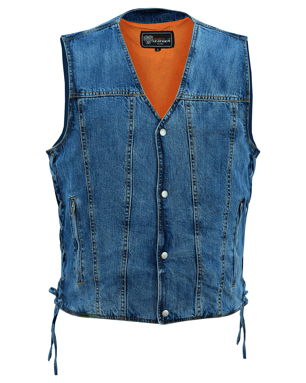 Vance Mens Blue V-Neck Denim Vest for Motorcycle Riders