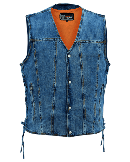 Vance Mens Blue V-Neck Denim Vest for Motorcycle Riders