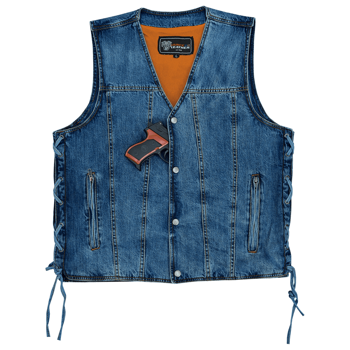 Vance Mens Blue V-Neck Denim Vest for Motorcycle Riders