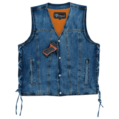 Vance Mens Blue V-Neck Denim Vest for Motorcycle Riders