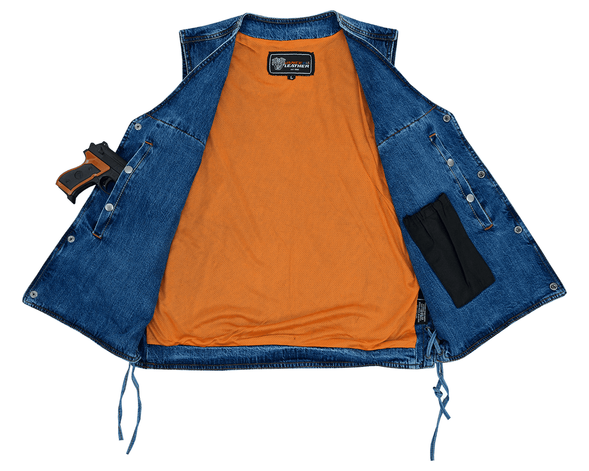 Vance Mens Blue V-Neck Denim Vest for Motorcycle Riders