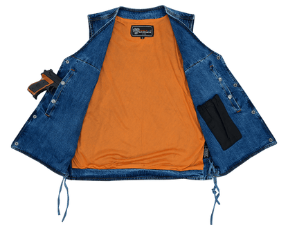 Vance Mens Blue V-Neck Denim Vest for Motorcycle Riders
