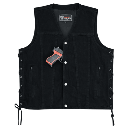 Vance Men's Black V-Neck Denim Vest for Motorcycle Riders