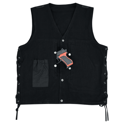 Vance Men's Black V-Neck Denim Vest for Motorcycle Riders