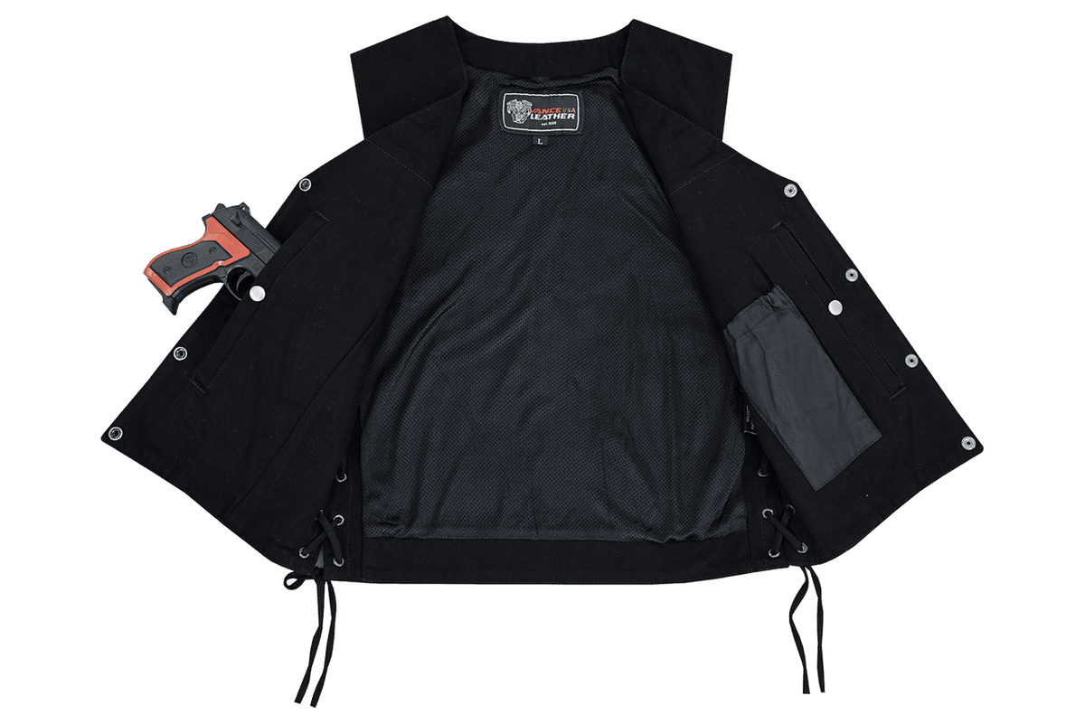 Vance Men's Black V-Neck Denim Vest for Motorcycle Riders