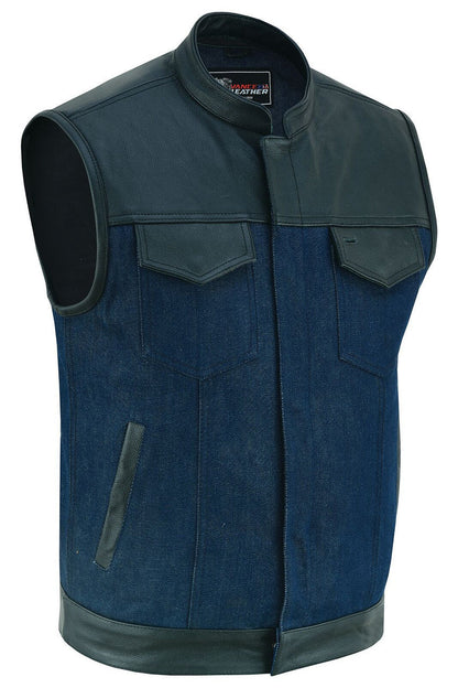Mens Blue Motorcycle Denim Vest SOA Club Vest with Leather trims