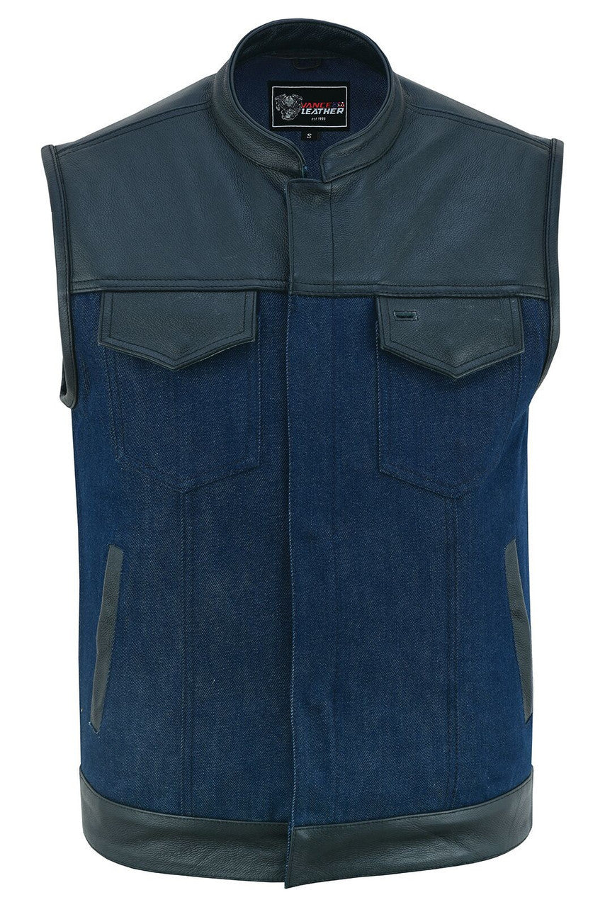 Mens Blue Motorcycle Denim Vest SOA Club Vest with Leather trims