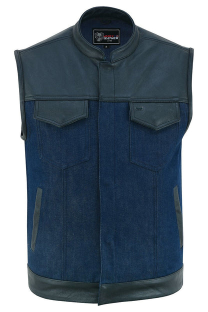 Mens Blue Motorcycle Denim Vest SOA Club Vest with Leather trims