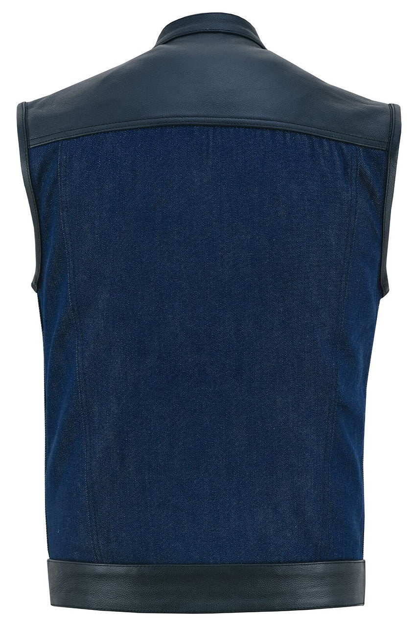 Mens Blue Motorcycle Denim Vest SOA Club Vest with Leather trims