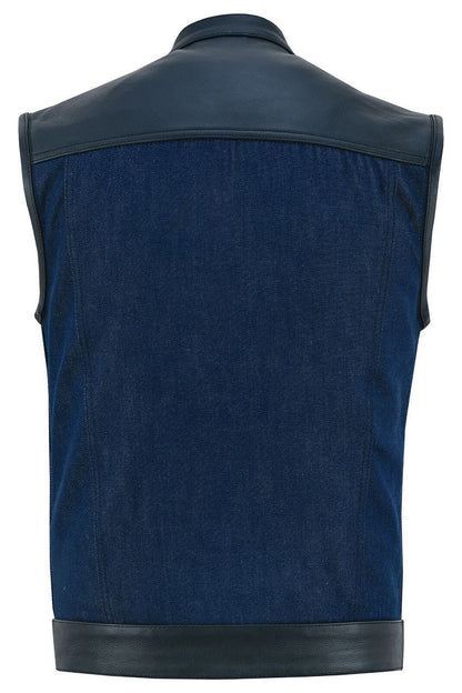 Mens Blue Motorcycle Denim Vest SOA Club Vest with Leather trims
