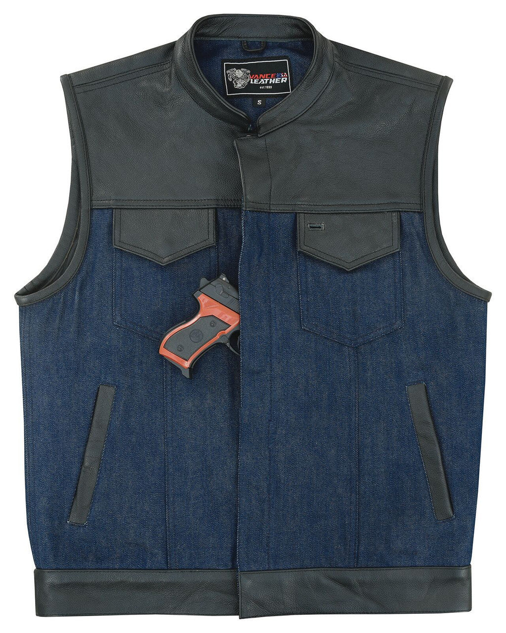 Mens Blue Motorcycle Denim Vest SOA Club Vest with Leather trims