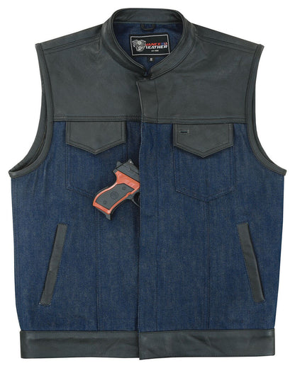 Mens Blue Motorcycle Denim Vest SOA Club Vest with Leather trims