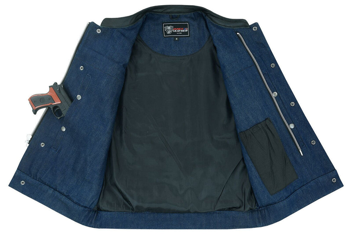 Mens Blue Motorcycle Denim Vest SOA Club Vest with Leather trims