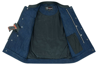 Mens Blue Motorcycle Denim Vest SOA Club Vest with Leather trims