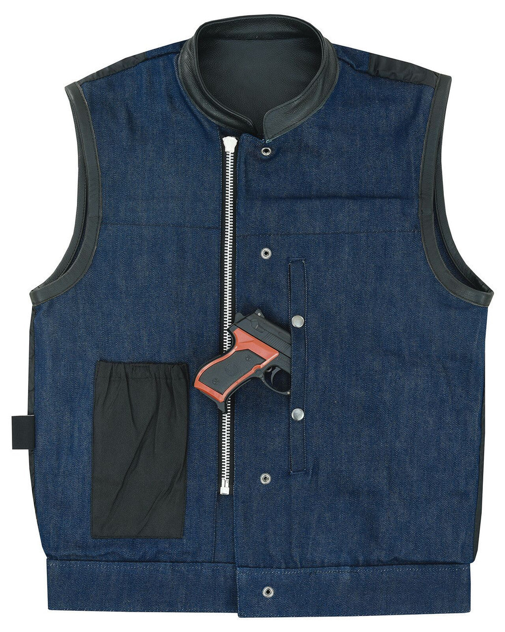 Mens Blue Motorcycle Denim Vest SOA Club Vest with Leather trims