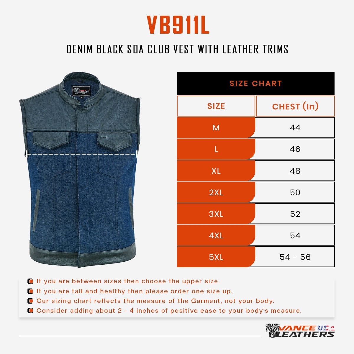 Mens Blue Motorcycle Denim Vest SOA Club Vest with Leather trims