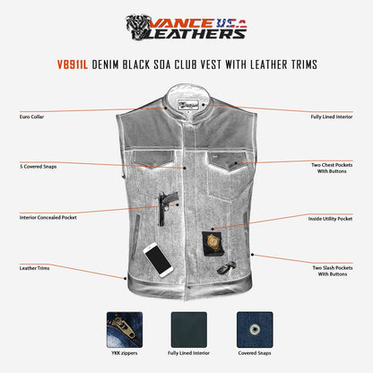 Mens Blue Motorcycle Denim Vest SOA Club Vest with Leather trims