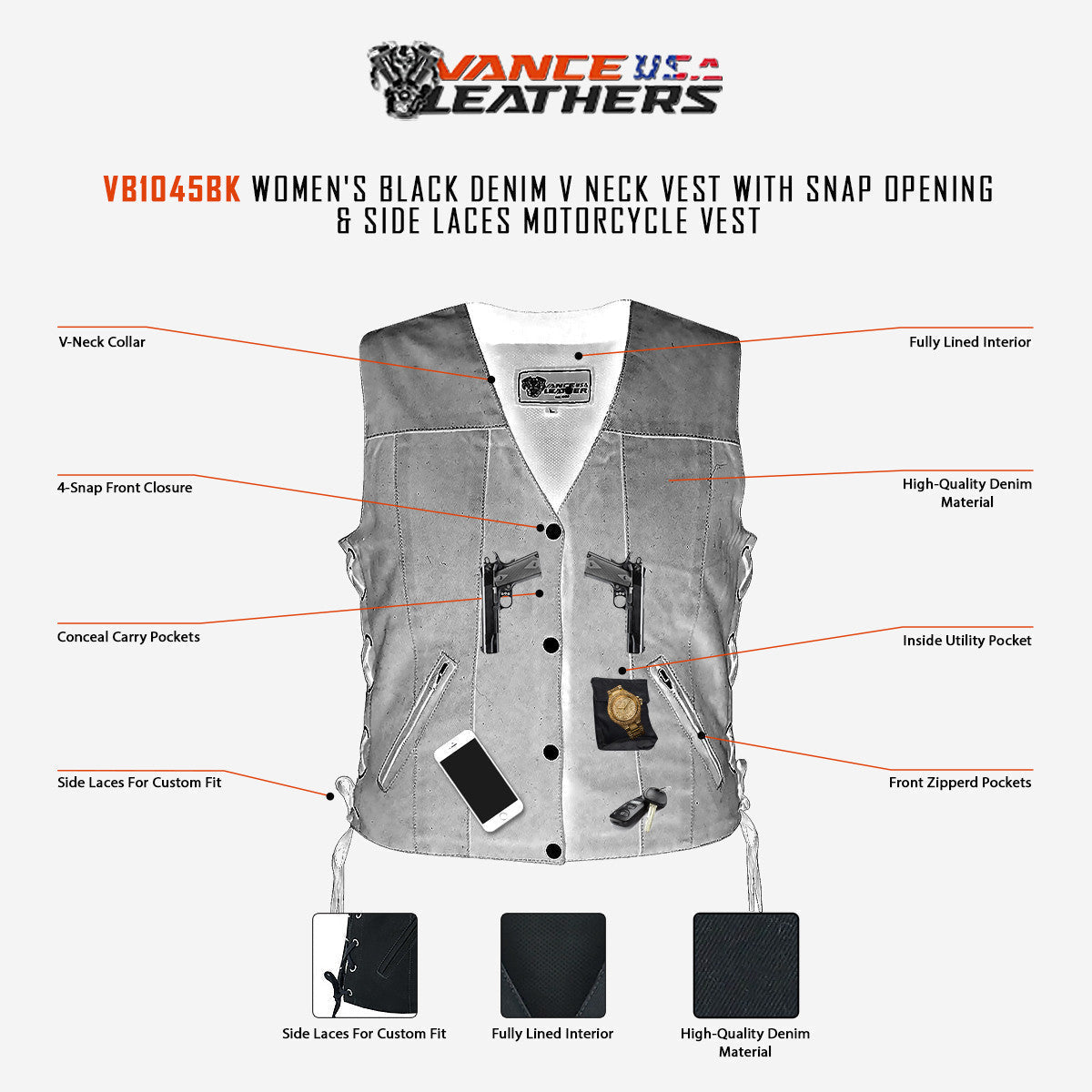 Womens Black Denim V Neck with Snap Opening & Side Laces Motorcycle Vest