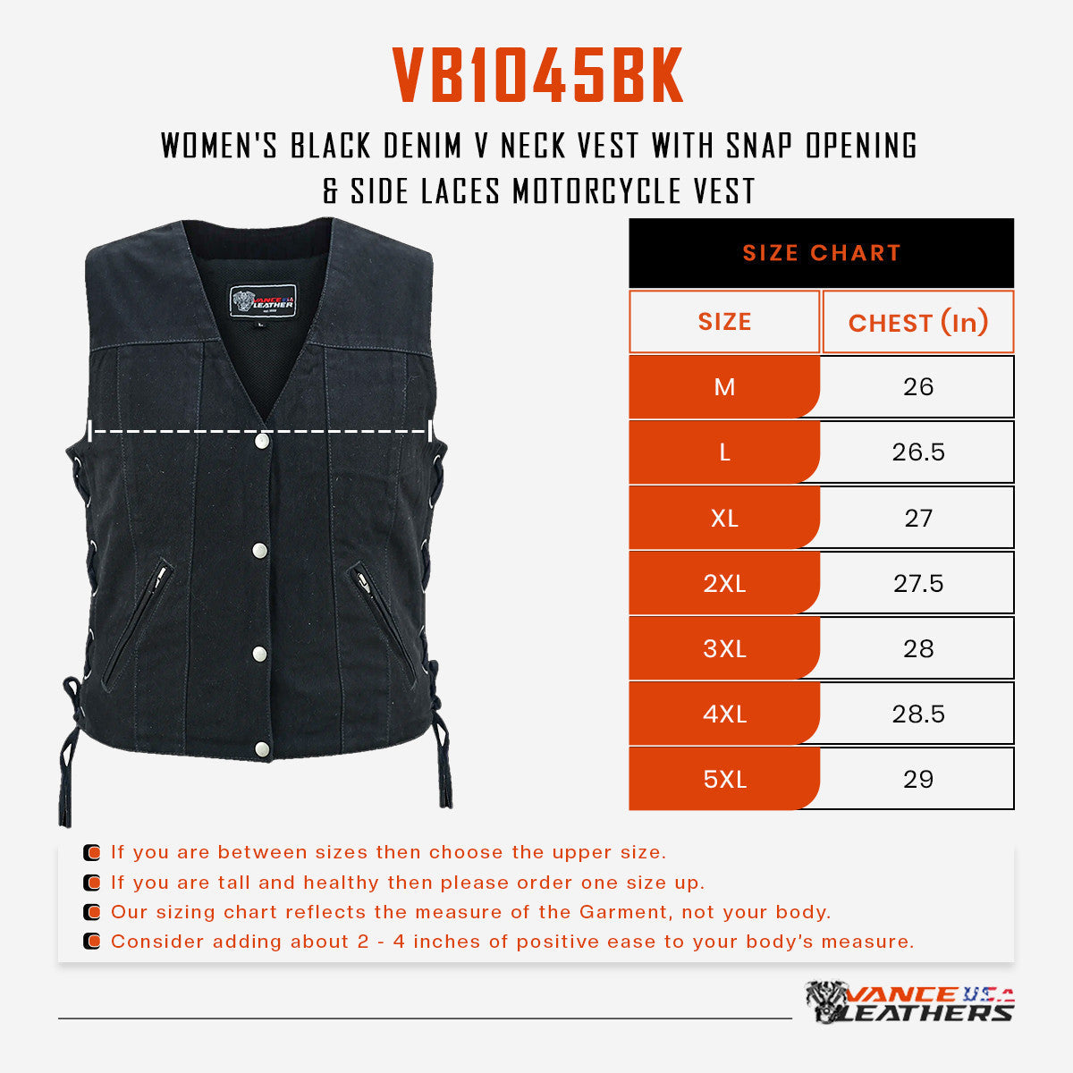 Womens Black Denim V Neck with Snap Opening & Side Laces Motorcycle Vest
