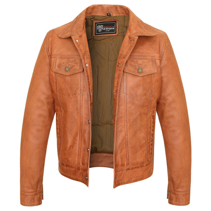 Vance Leathers' Mens Austin Brown Premium Classic Motorcycle Trucker Leather Jacket