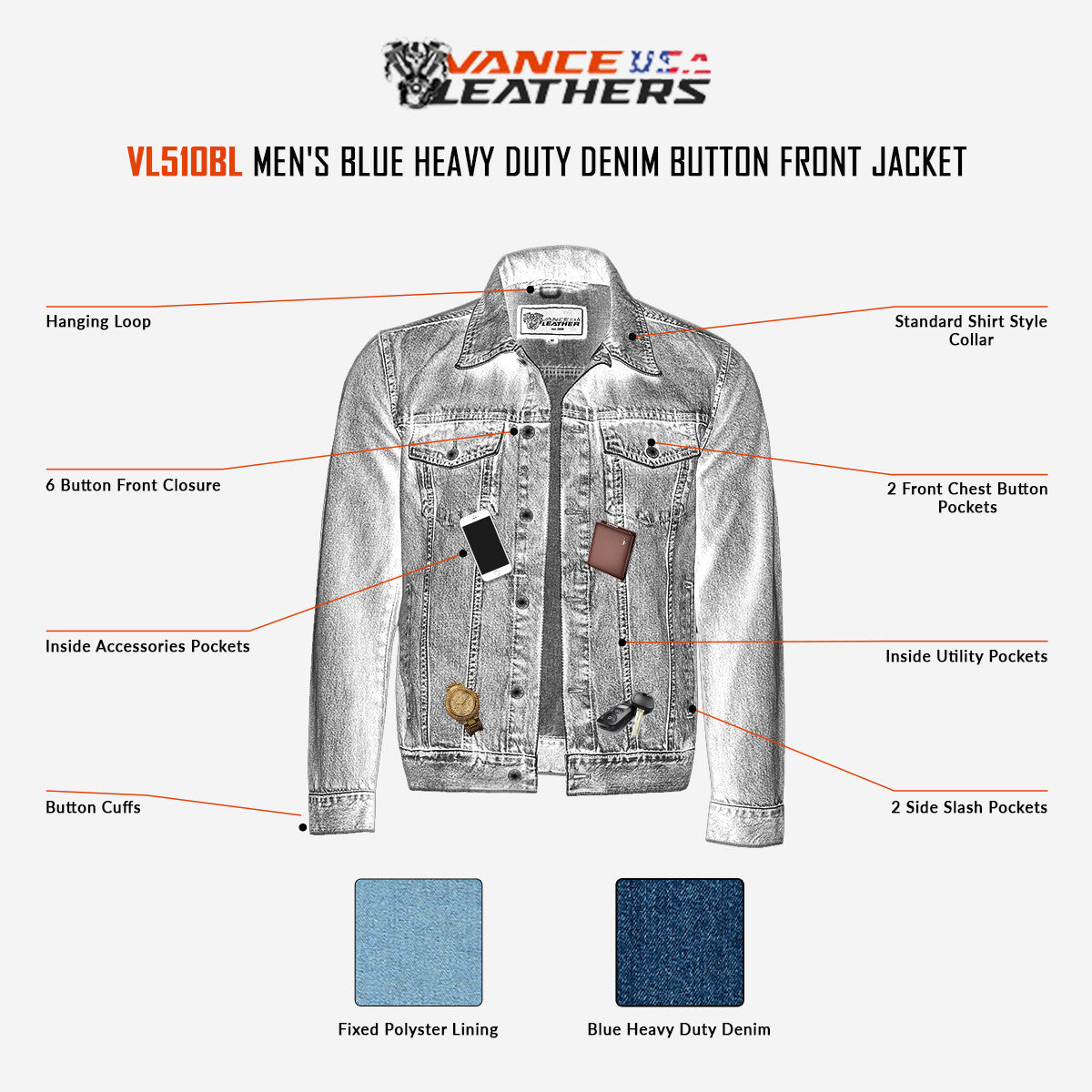 Vance Men's Light Blue Heavy Duty Denim Button Front Motorcycle Jacket, Jean Jacket for Men