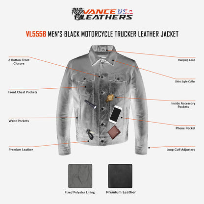 Vance Leathers' Mens Black Premium Classic Motorcycle Trucker Leather Jacket