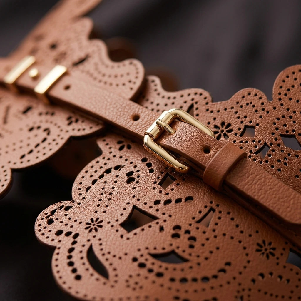 Gothic corset belt cinching the waist over a black dress