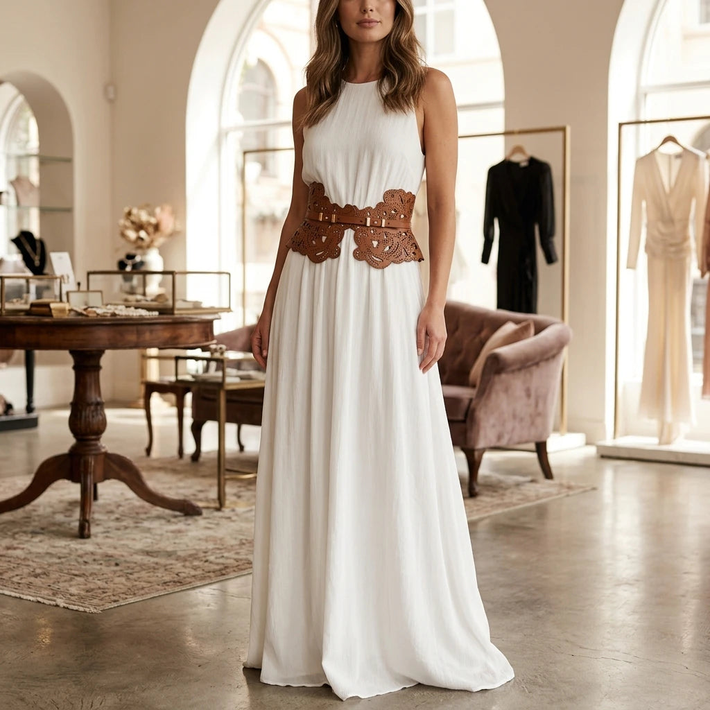 Wide leather corset belt for women in brown with gothic hollow cutout design worn over a white dress