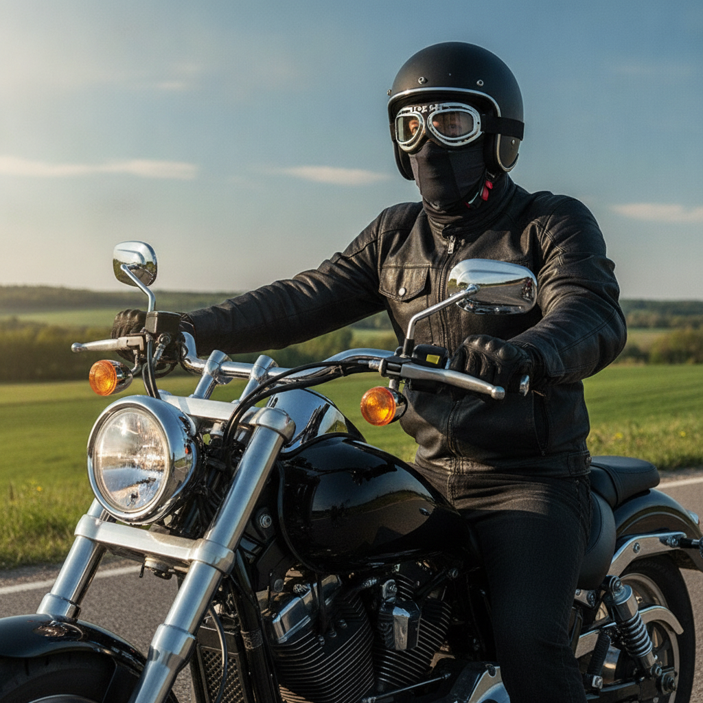 man on a cruiser motorcycle wearing a summer balaclava