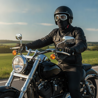 man on a cruiser motorcycle wearing a summer balaclava