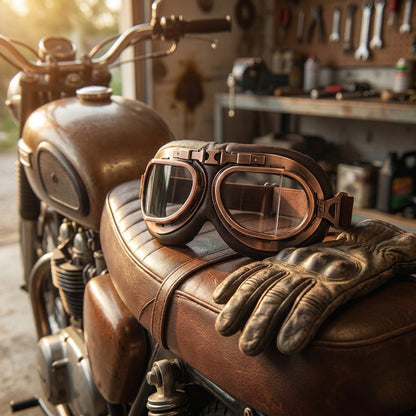 Vintage aviator goggles on a leather motorcycle seat