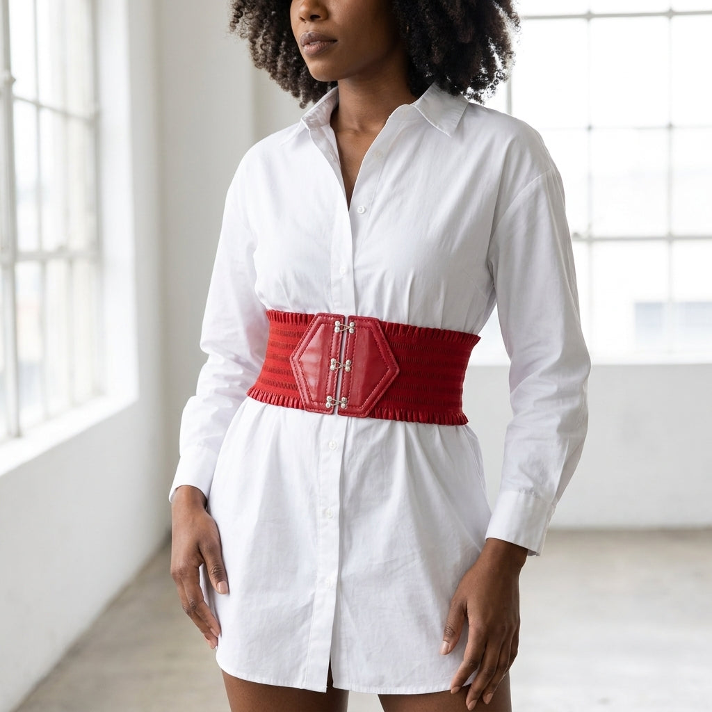 Ruffle Edge Corset Waist Belt worn over a white shirt dress at the natural waist