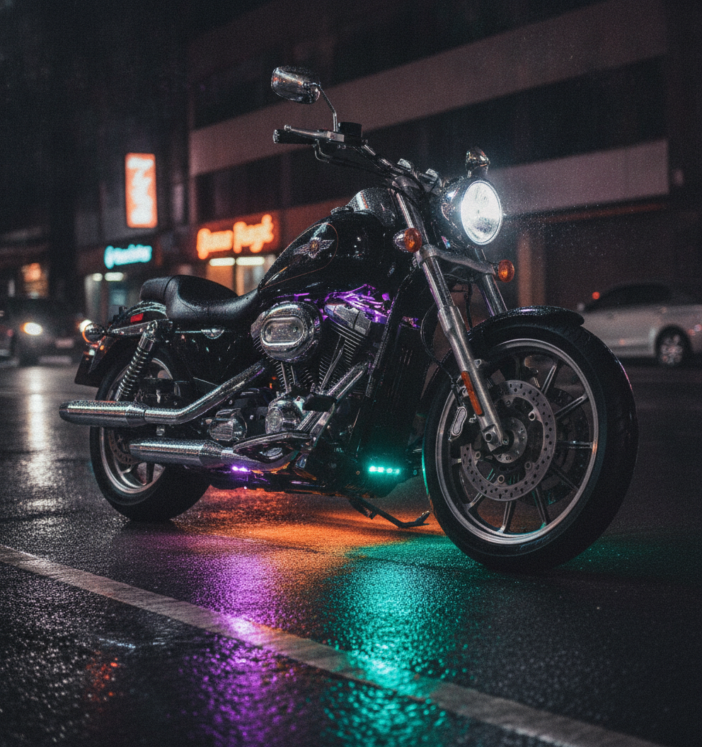 motorcycle with multicolor RGB underglow lights at night