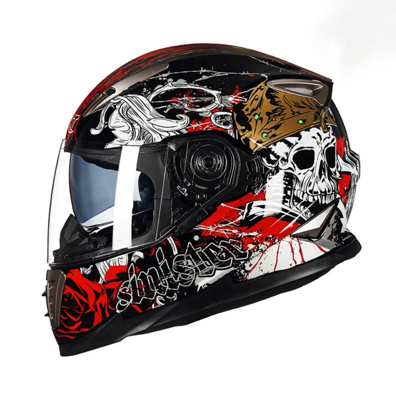 DOT approved full face motorcycle helmet with anti fog visor and red skull graphic in black